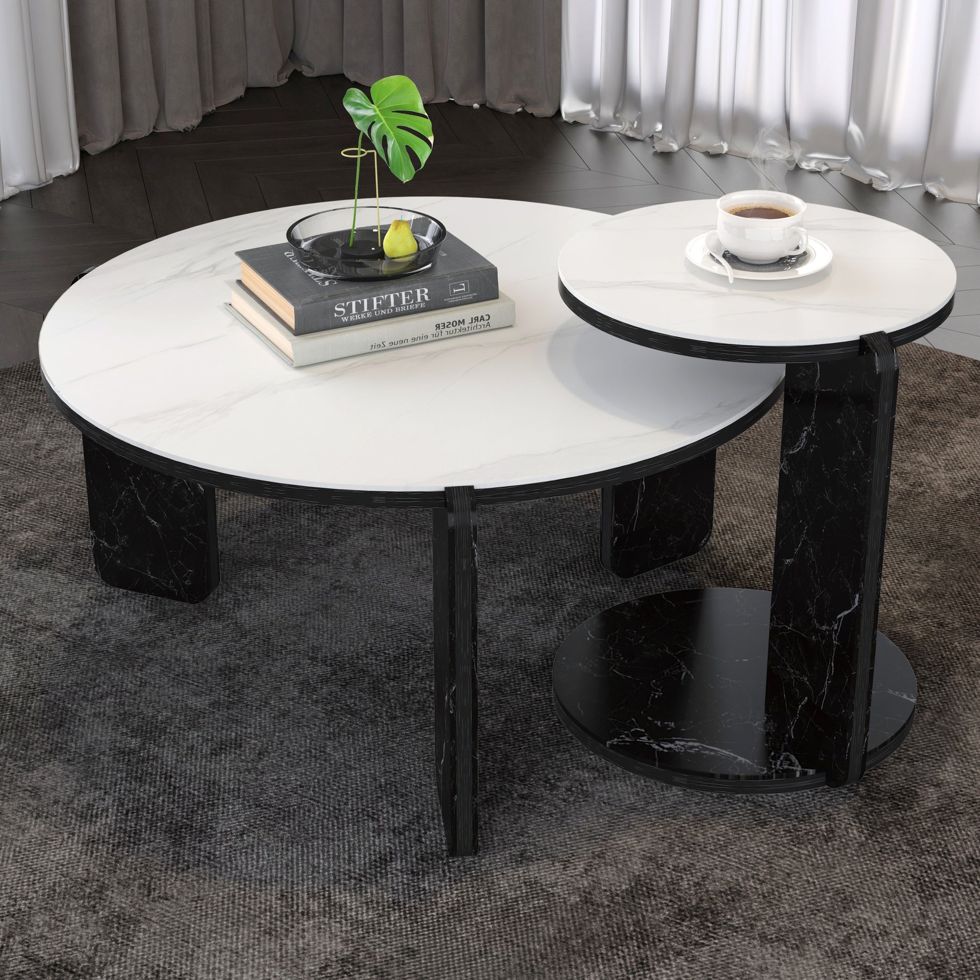Set of 2 Round Nesting Coffee Table for Small Place, living room end table with white sintered stone top, 32.68" + 16.93" diameter Side Table Night Stand for Bed Room Dining Room, 83+ 43 cm sofa table