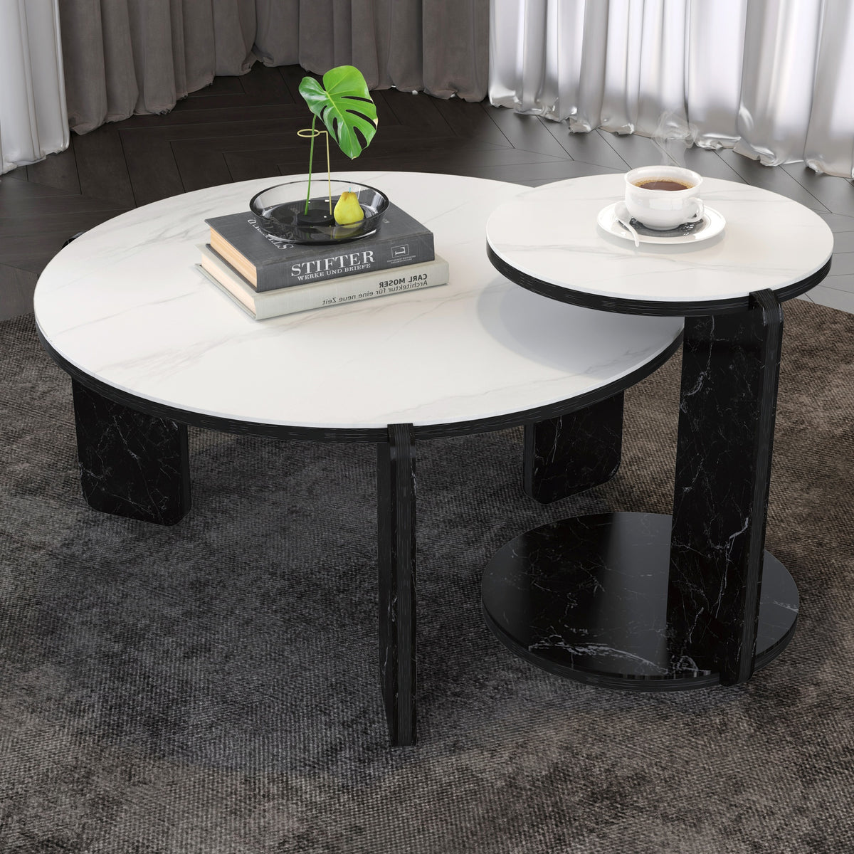 Set of 2 Round Nesting Coffee Table for Small Place, living room end table with white sintered stone top, 32.68" + 16.93" diameter Side Table Night Stand for Bed Room Dining Room, 83+ 43 cm sofa table