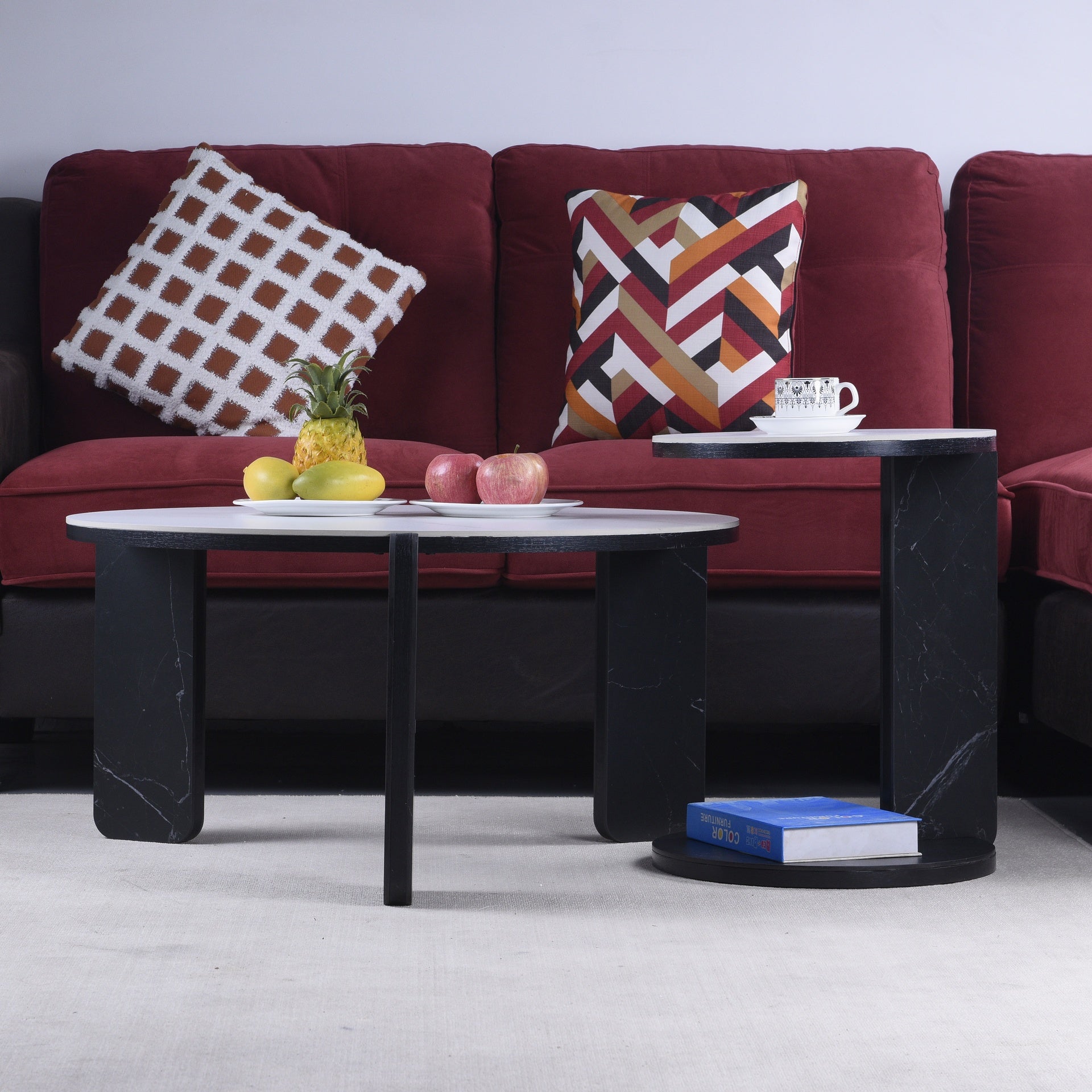 Set of 2 Round Nesting Coffee Table for Small Place, living room end table with white sintered stone top, 32.68" + 16.93" diameter Side Table Night Stand for Bed Room Dining Room, 83+ 43 cm sofa table
