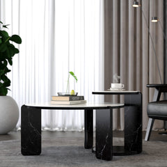 Set of 2 Round Nesting Coffee Table for Small Place, living room end table with white sintered stone top, 32.68" + 16.93" diameter Side Table Night Stand for Bed Room Dining Room, 83+ 43 cm sofa table