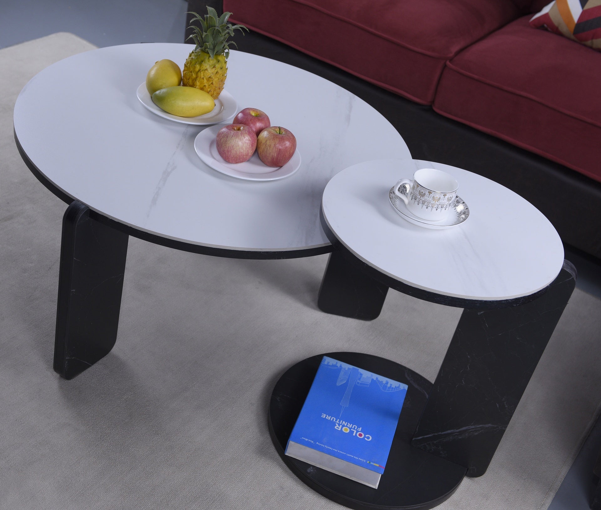 Set of 2 Round Nesting Coffee Table for Small Place, living room end table with white sintered stone top, 32.68" + 16.93" diameter Side Table Night Stand for Bed Room Dining Room, 83+ 43 cm sofa table