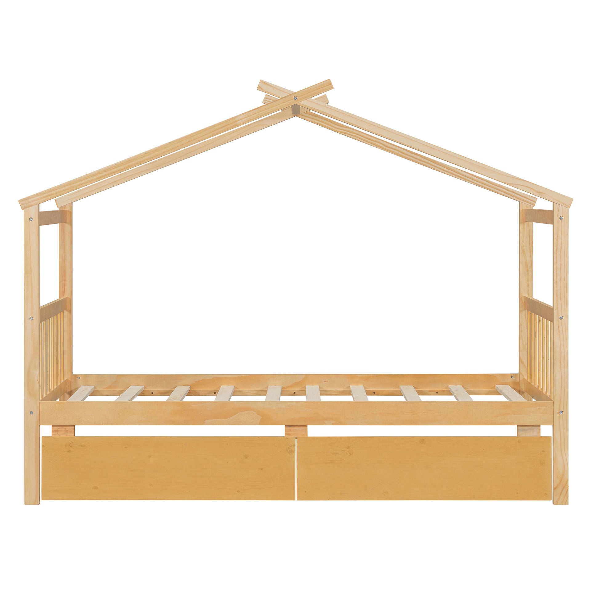 Twin Size Wooden House Bed with Drawers, Natural