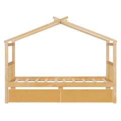 Twin Size Wooden House Bed with Drawers, Natural