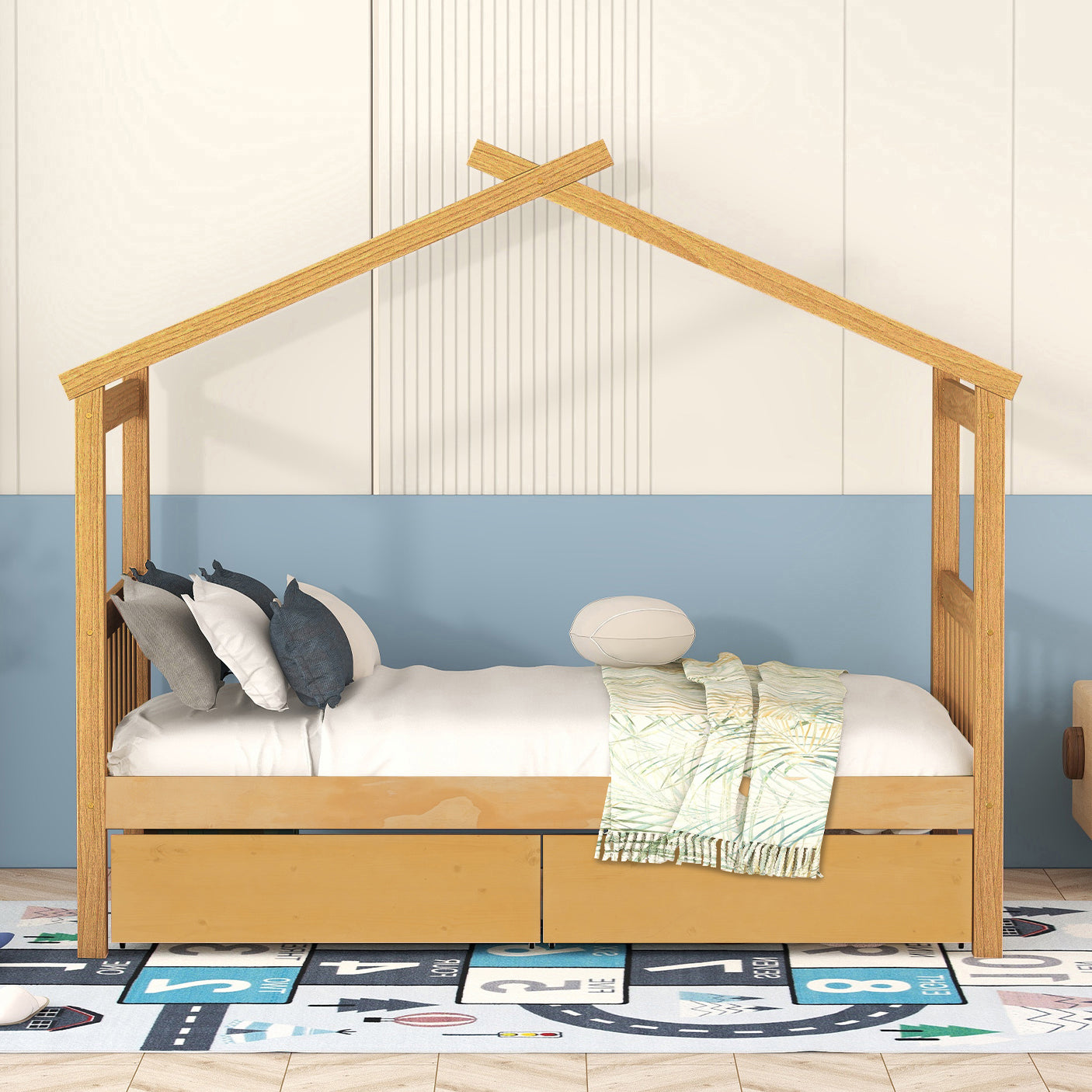 Twin Size Wooden House Bed with Drawers, Natural