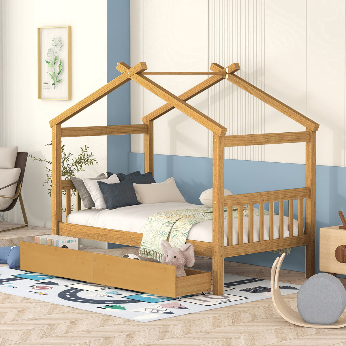 Twin Size Wooden House Bed with Drawers, Natural