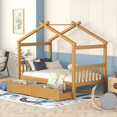 Twin Size Wooden House Bed with Drawers, Natural