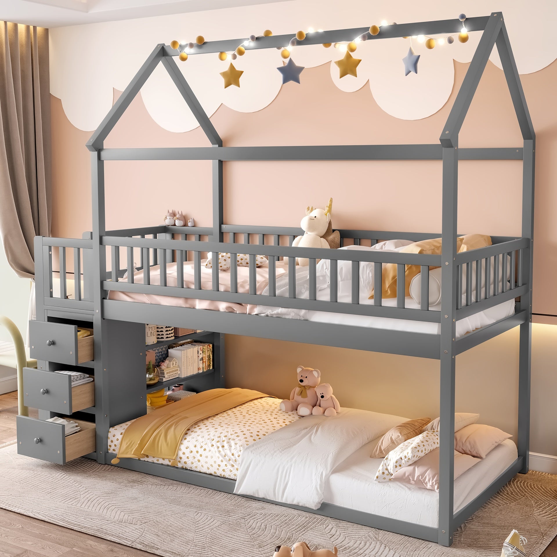 TWIN/TWIN HOUSE BUNK BED WITH SHELVES AND DRAWERS FOR GREY COLOR