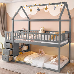 TWIN/TWIN HOUSE BUNK BED WITH SHELVES AND DRAWERS FOR GREY COLOR