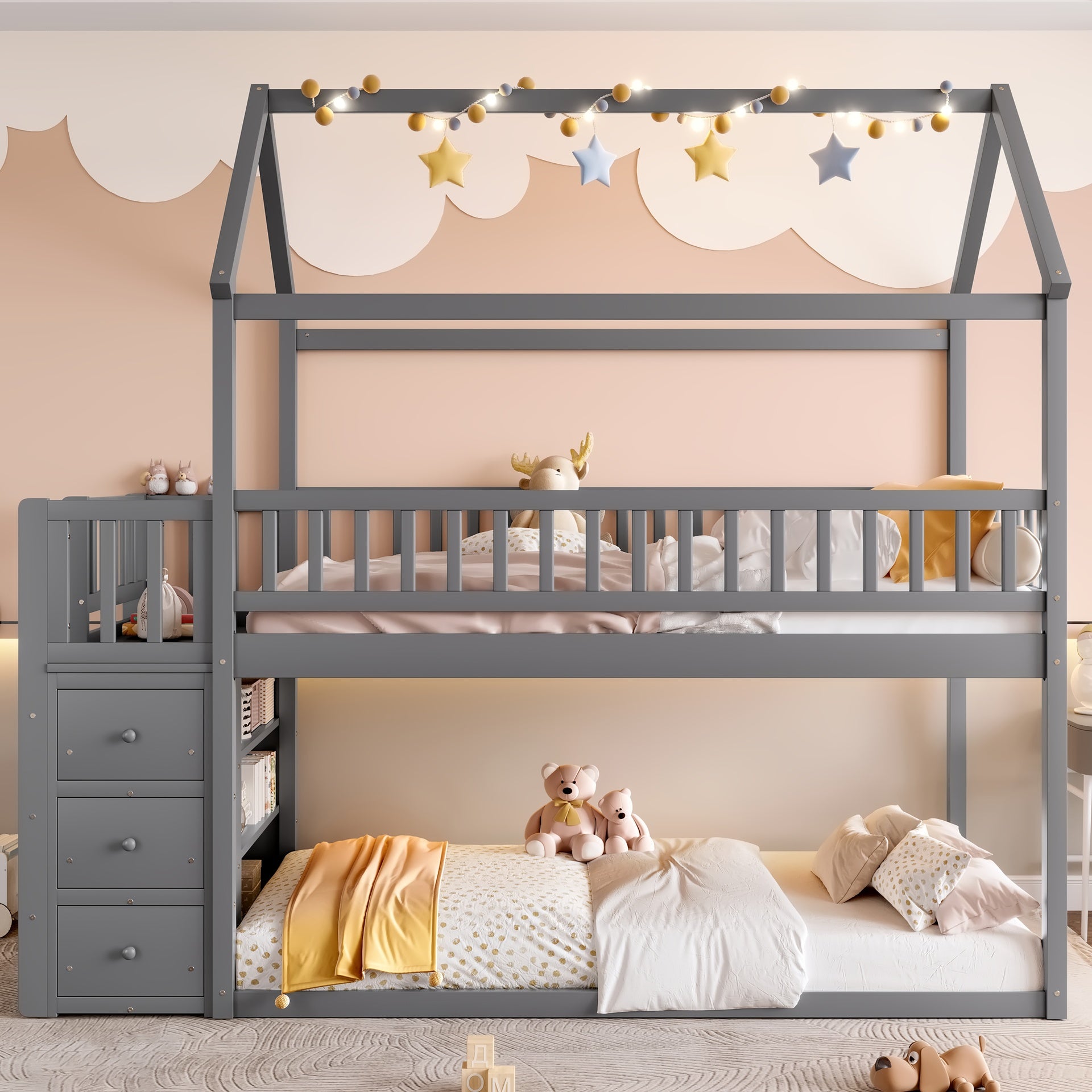 TWIN/TWIN HOUSE BUNK BED WITH SHELVES AND DRAWERS FOR GREY COLOR