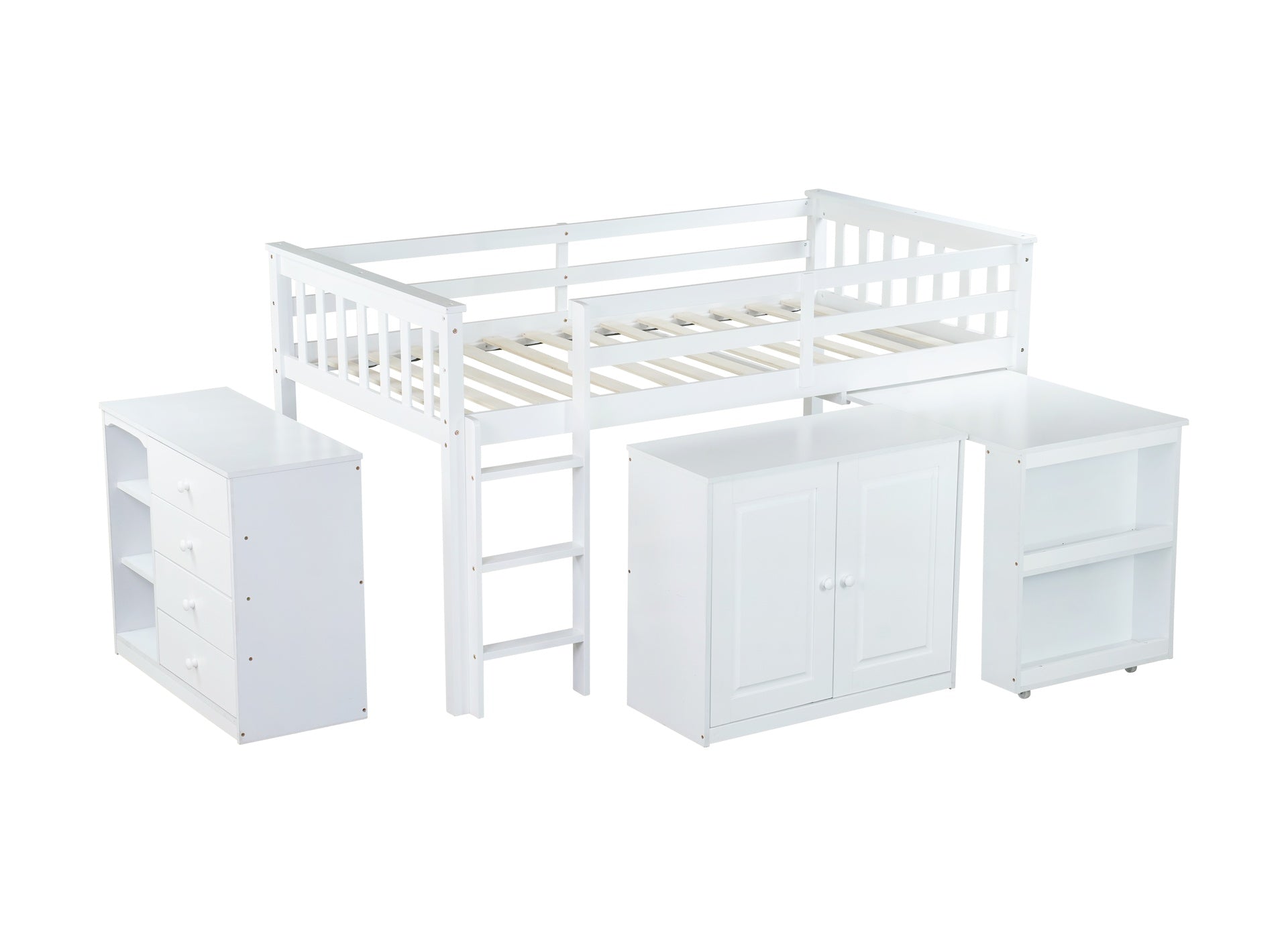 Twin Loft Bed with Storage Cabinet, Drawer and Shelf Cabinet and Pulling-Out Desk, Rubber Wood Loft Bed with Safety Guardrail, Ladder,White