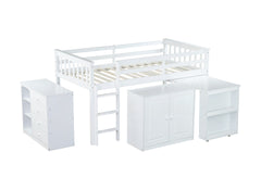 Twin Loft Bed with Storage Cabinet, Drawer and Shelf Cabinet and Pulling-Out Desk, Rubber Wood Loft Bed with Safety Guardrail, Ladder,White