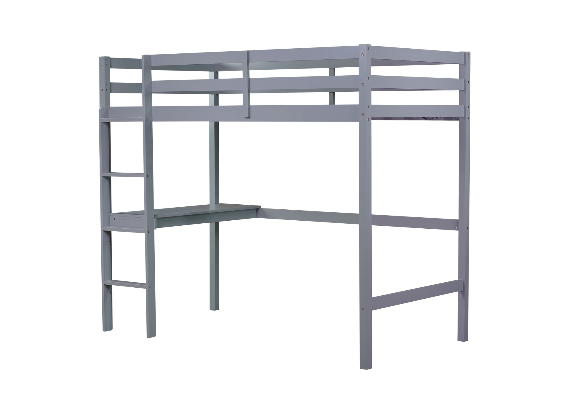 Twin High Loft Bed, Rubber Wood  Loft Bed with Safety Guardrail, built-in desk, ladder,Grey