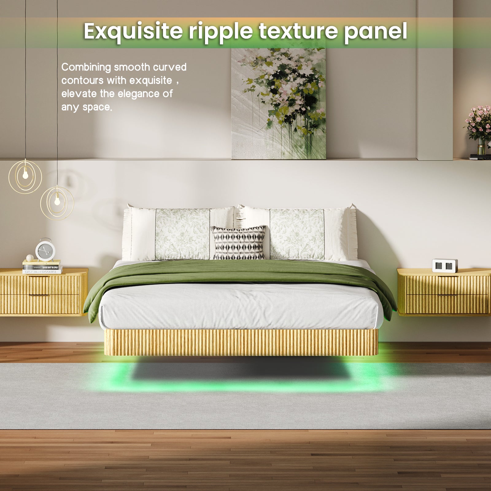 Oak Queen Floating Bed Frame with LED Lights, Wave Curve Wood Texture Bed with Heavy Duty Metal Slats - No Box Spring Needed.