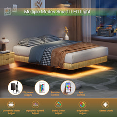 Oak Queen Floating Bed Frame with LED Lights, Wave Curve Wood Texture Bed with Heavy Duty Metal Slats - No Box Spring Needed.