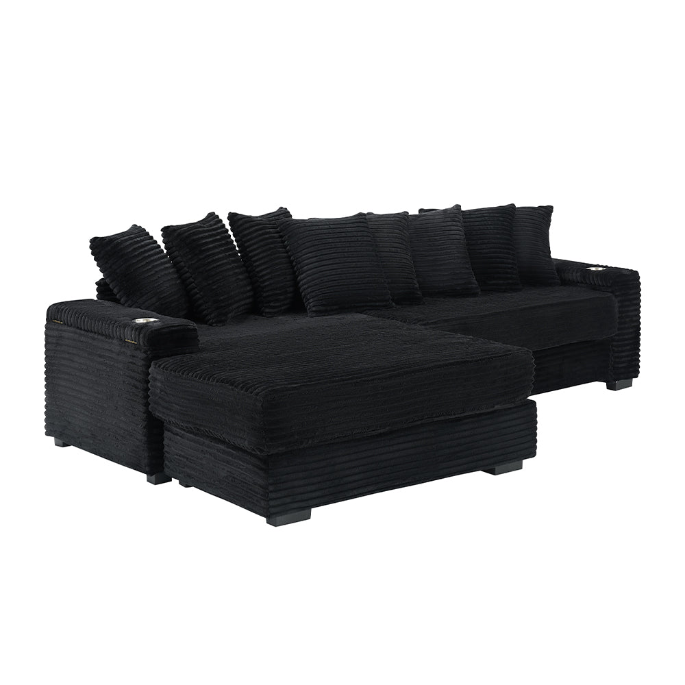 111.4 " Black corduroy sofa, armrest with cup holder and storage function, recliner can be changed left and right, suitable for living room bedroom lounge area
