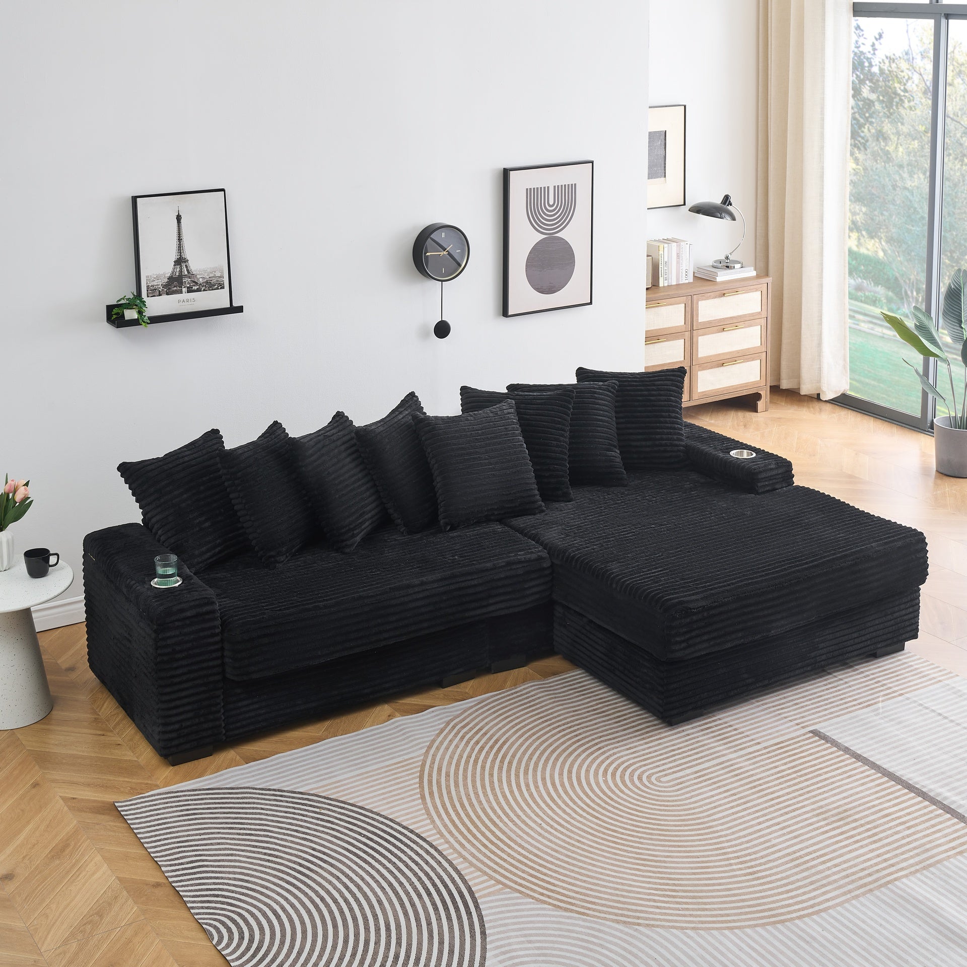 111.4 " Black corduroy sofa, armrest with cup holder and storage function, recliner can be changed left and right, suitable for living room bedroom lounge area
