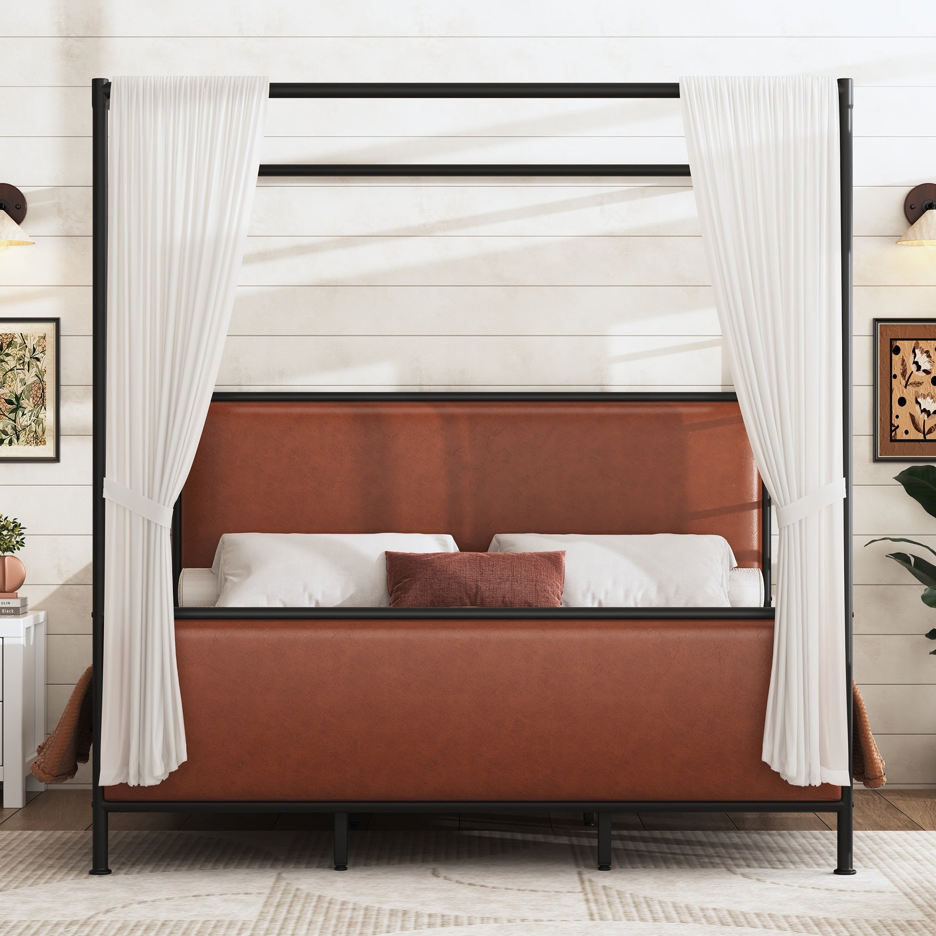 King Size Canopy Bed Frame With PU Upholstered Headboard, Iron Legs, Brown