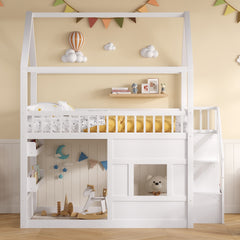Full size Wooden House Bed with Built-in LED Shelf Light, white