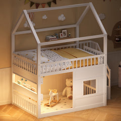 Full size Wooden House Bed with Built-in LED Shelf Light, white