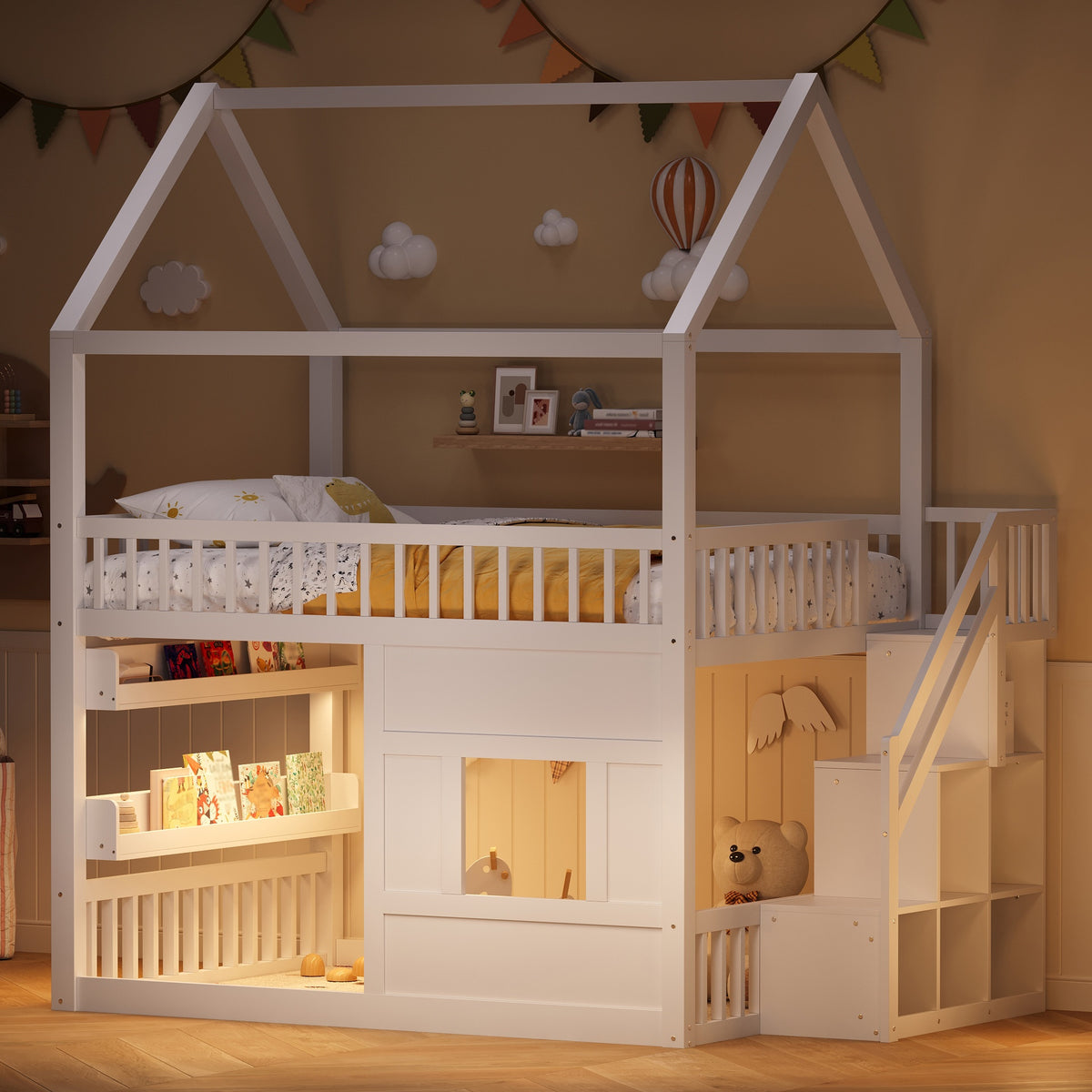 Full size Wooden House Bed with Built-in LED Shelf Light, white