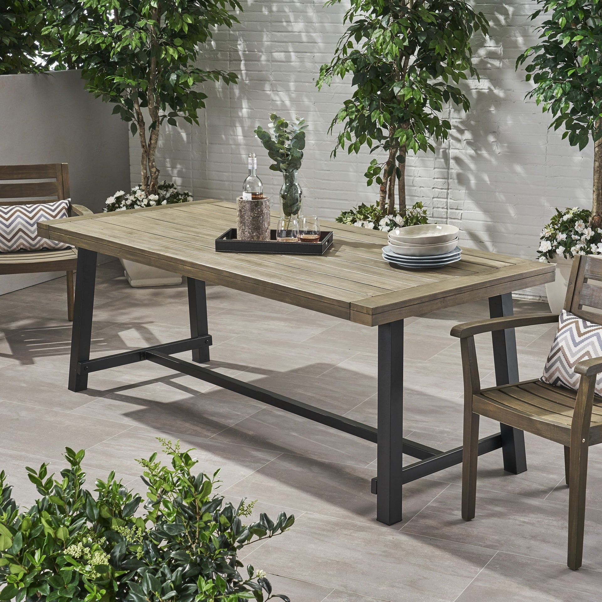 Outdoor Acacia Wood Dining Table,Grey/Rustic Metal