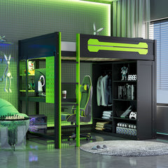Full Size Wood Loft Bed with Desk, Open Wardrobe and RGB Light, Green