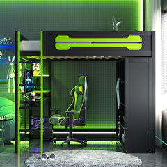 Full Size Wood Loft Bed with Desk, Open Wardrobe and RGB Light, Green