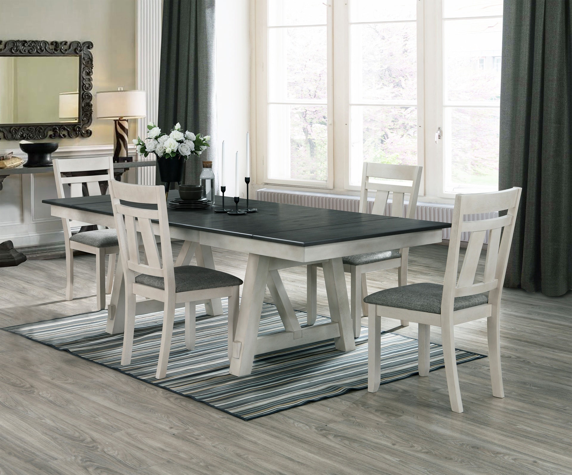 5pc Cottage Style Extendable Dining Table Set Chalk Gray Tow Tone Finish Upholstered Chair Dining Room Wooden Furniture Two Self-Storing Refectory Leaves Solid Wood
