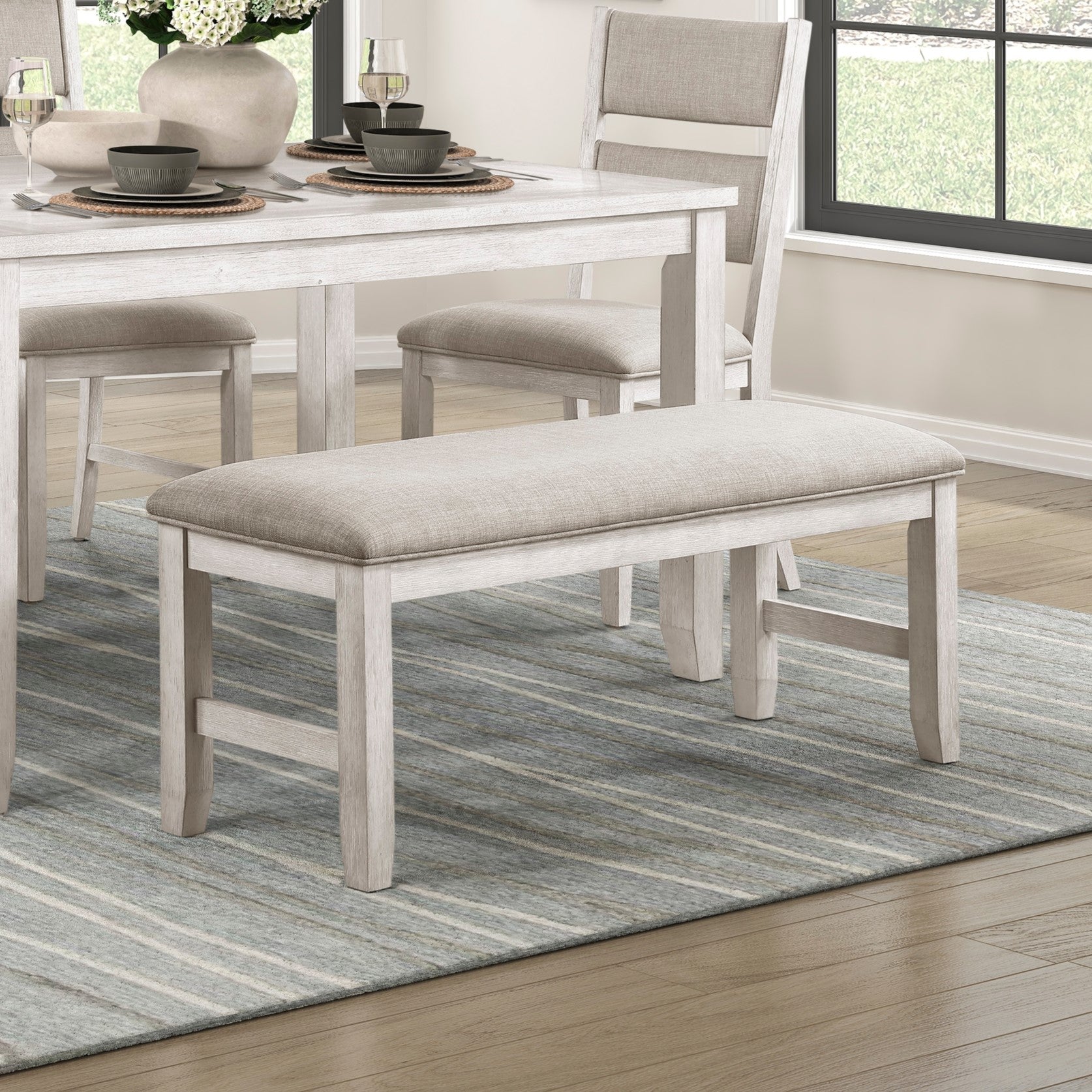Modern Farmhouse Dining Bench Antique White Finish Upholstered Seat Wooden Furniture 1pc