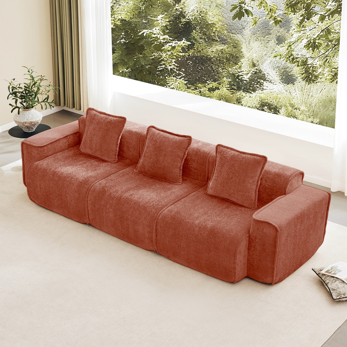Streamlined Design Deep Seat Modular 3 Seat Boneless Sofa with French Edge Piping,No Assembly Required, Modern Modular 3-Seat Sofa Couch with Throw Pillows,Velvet Fabric Red