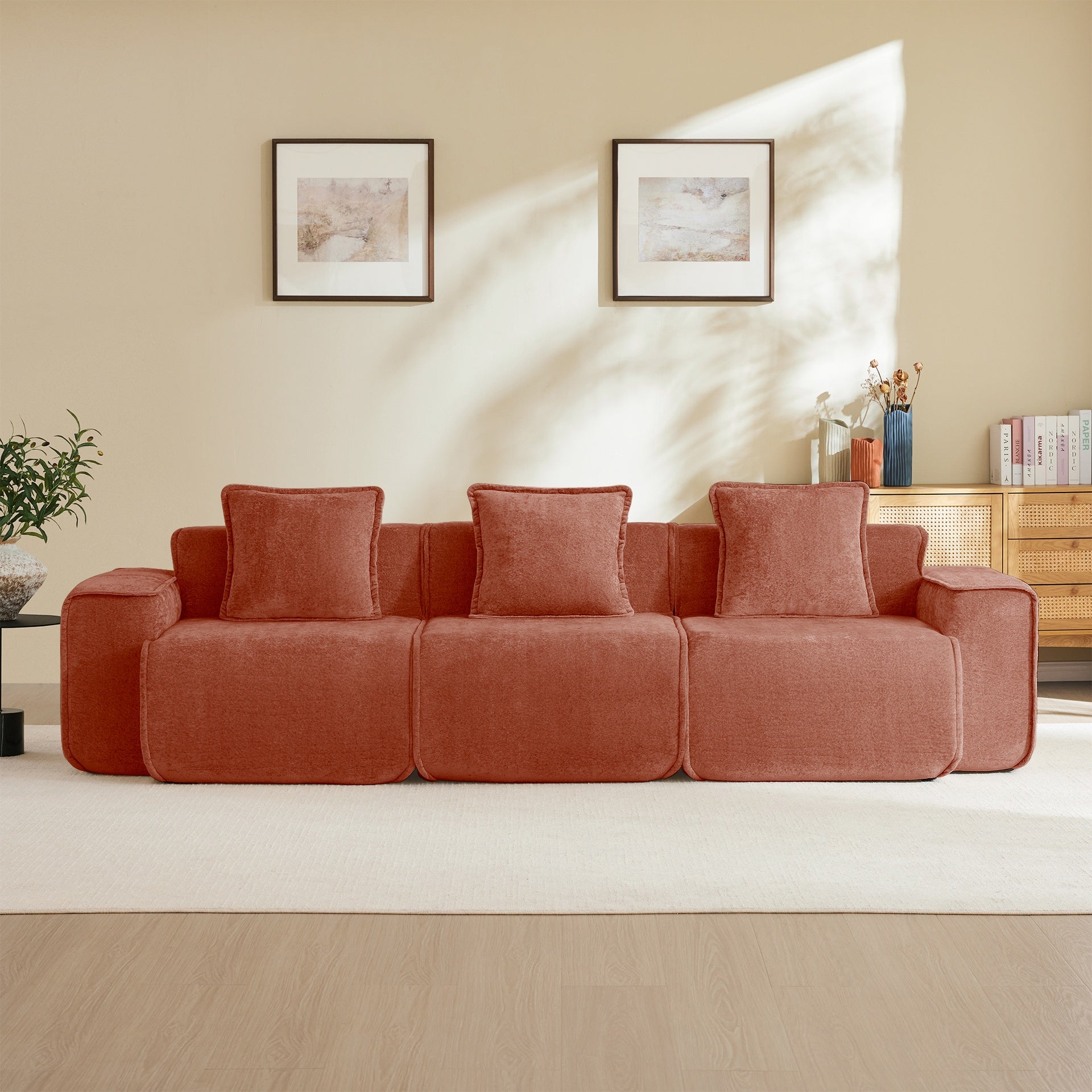 Streamlined Design Deep Seat Modular 3 Seat Boneless Sofa with French Edge Piping,No Assembly Required, Modern Modular 3-Seat Sofa Couch with Throw Pillows,Velvet Fabric Red