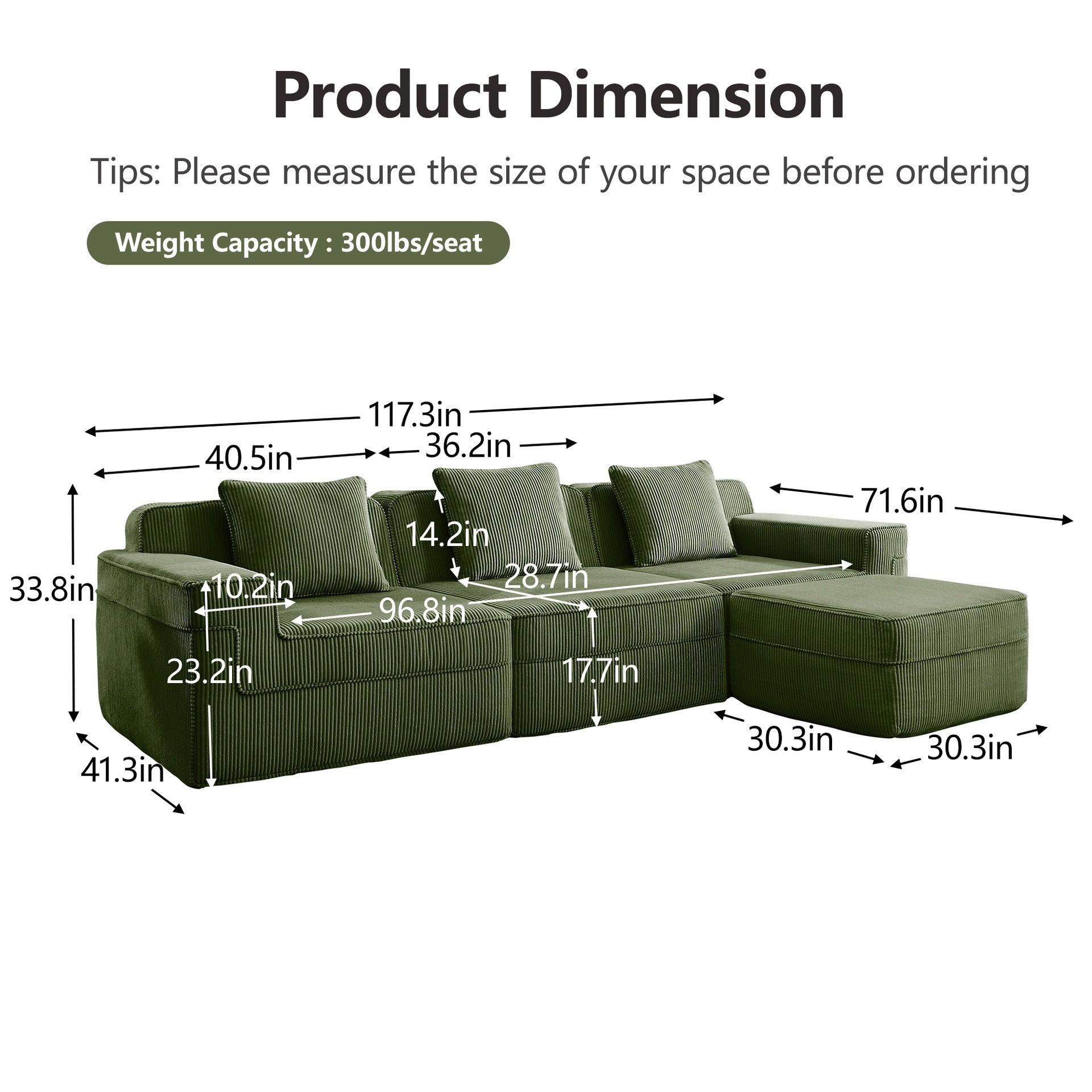 Modular 3 Seat L Shape Sectional Boneless Sofa, Cloud Sectional Couch with Deep Seat, Modern Modular 3-Seat Sofa Couch with Throw Pillows and 1 Movable Ottoman, Corduroy Fabric Green