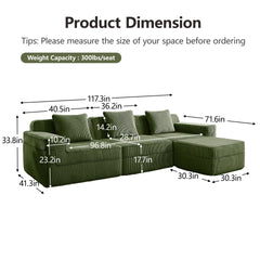 Modular 3 Seat L Shape Sectional Boneless Sofa, Cloud Sectional Couch with Deep Seat, Modern Modular 3-Seat Sofa Couch with Throw Pillows and 1 Movable Ottoman, Corduroy Fabric Green