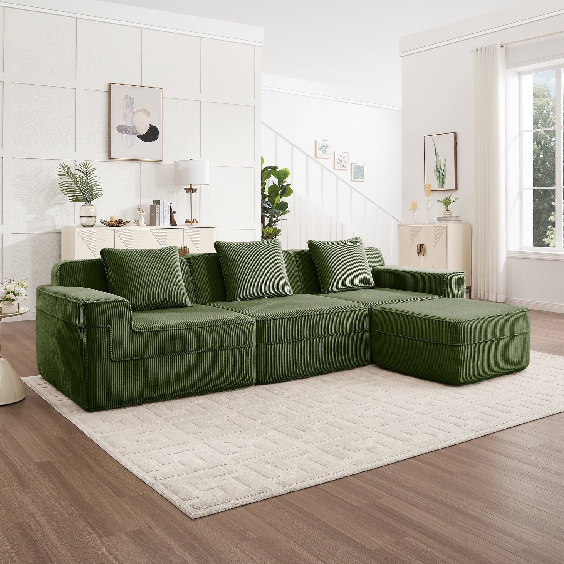 Modular 3 Seat L Shape Sectional Boneless Sofa, Cloud Sectional Couch with Deep Seat, Modern Modular 3-Seat Sofa Couch with Throw Pillows and 1 Movable Ottoman, Corduroy Fabric Green