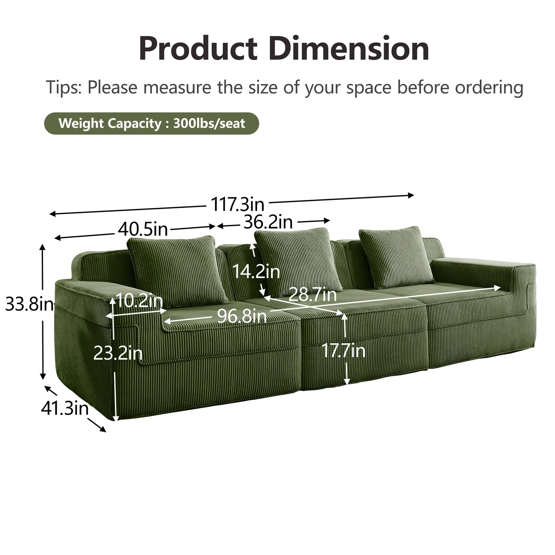 Modular 3 Seat Boneless Sofa, Cloud Sectional Couch with Deep Seat, Modern Modular 3-Seat Sofa Couch with Throw Pillows Corduroy Fabric Green