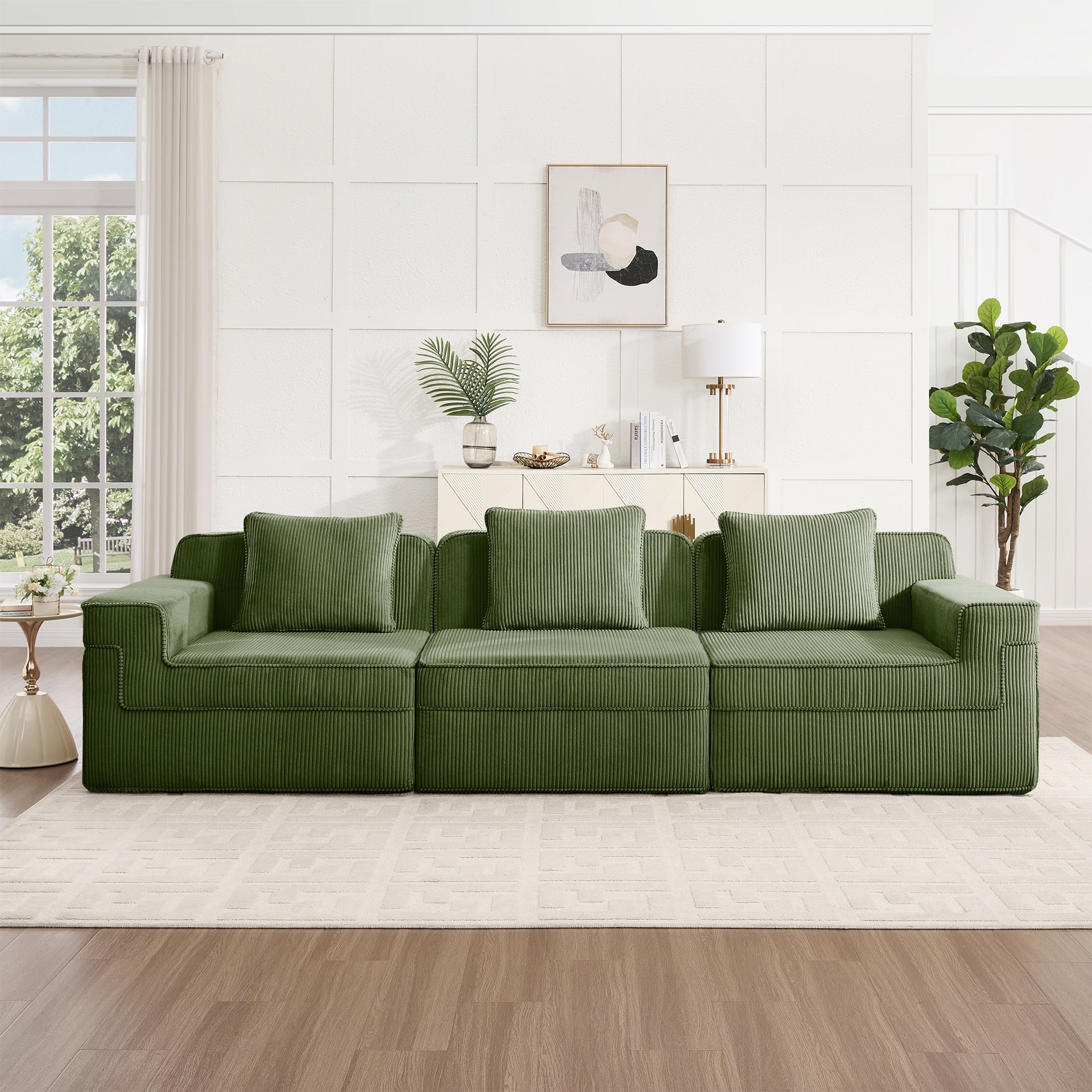 Modular 3 Seat Boneless Sofa, Cloud Sectional Couch with Deep Seat, Modern Modular 3-Seat Sofa Couch with Throw Pillows Corduroy Fabric Green