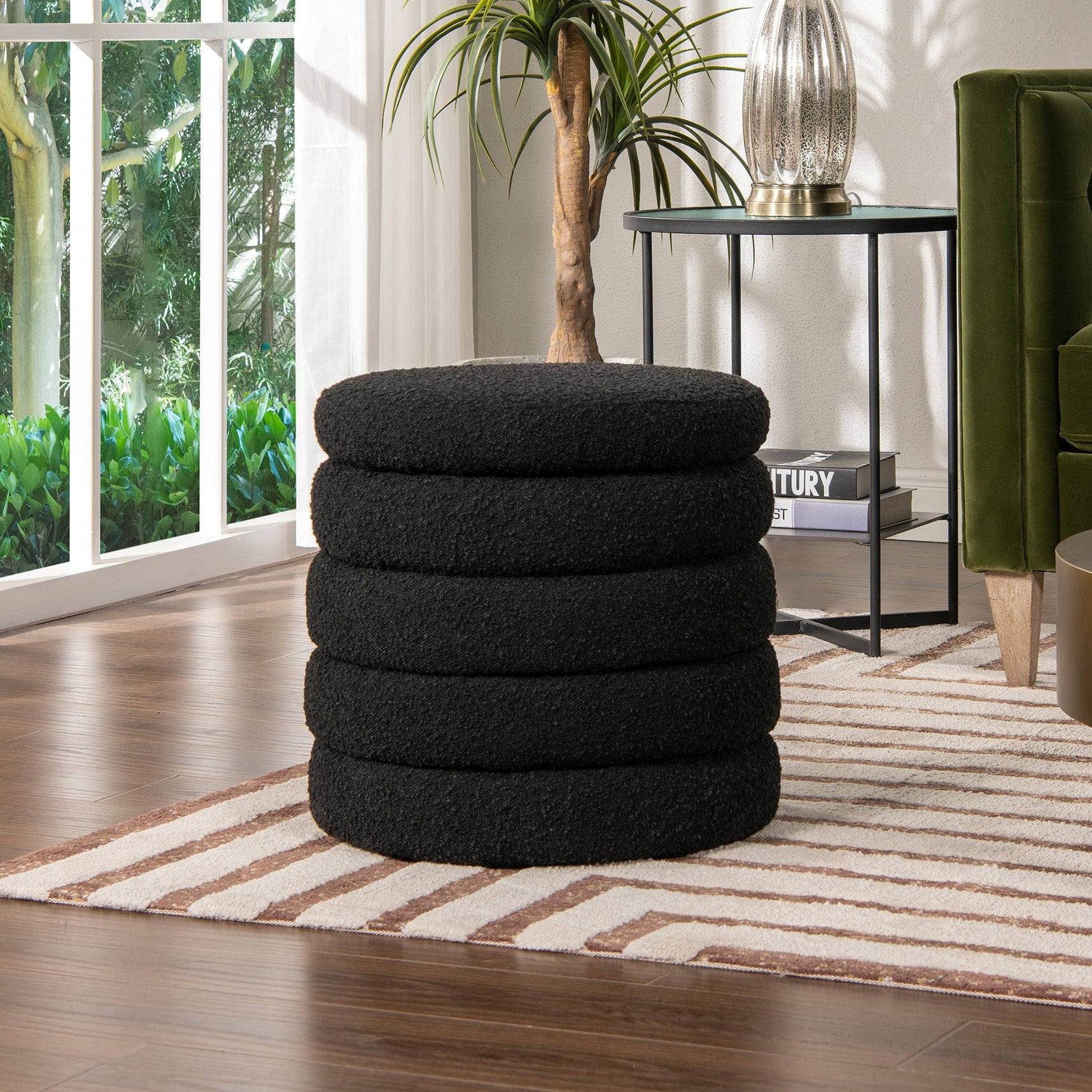 Fuji 19" Oversized Round Storage Ottoman, Ebony Black Boucle
