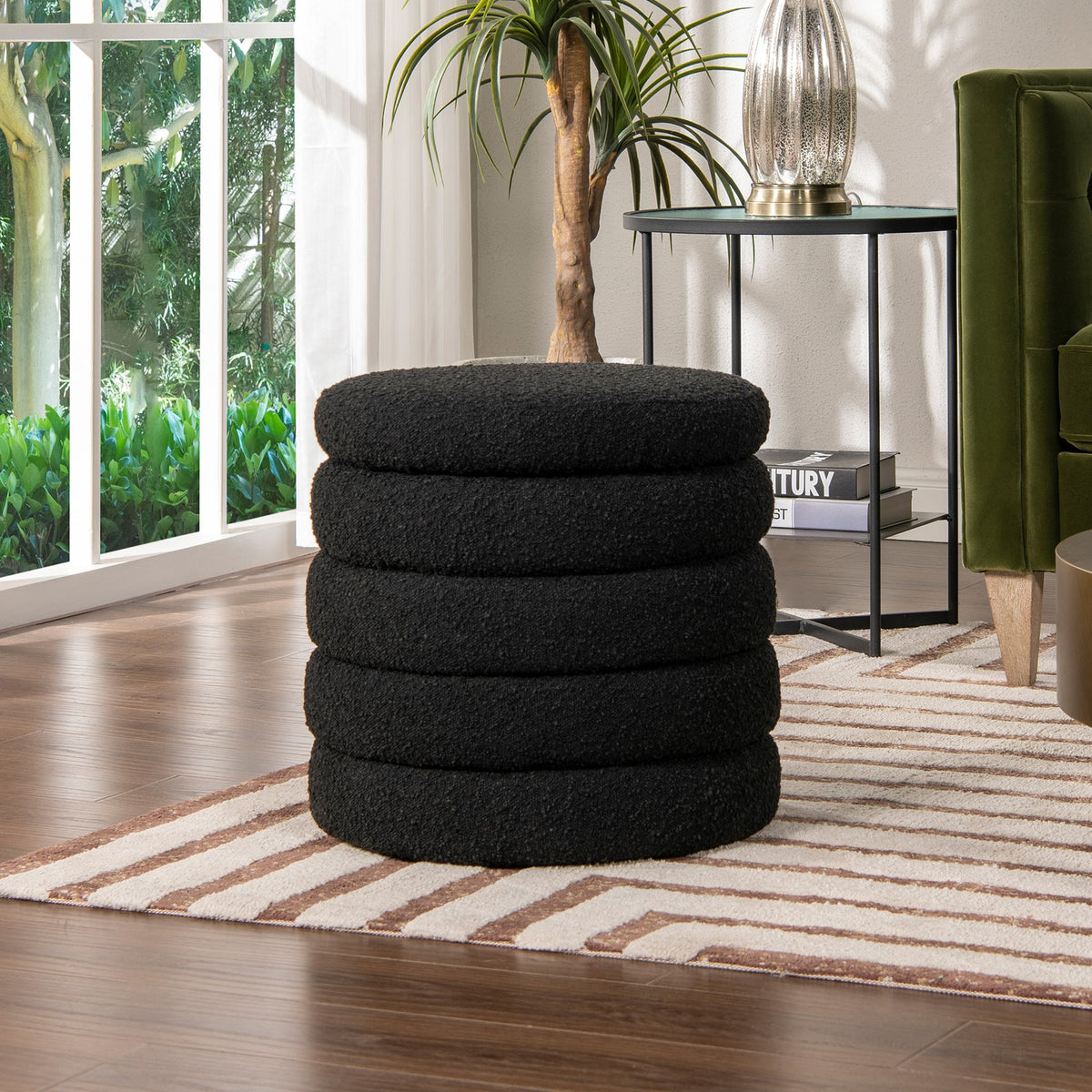 Fuji 19" Oversized Round Storage Ottoman, Ebony Black Boucle