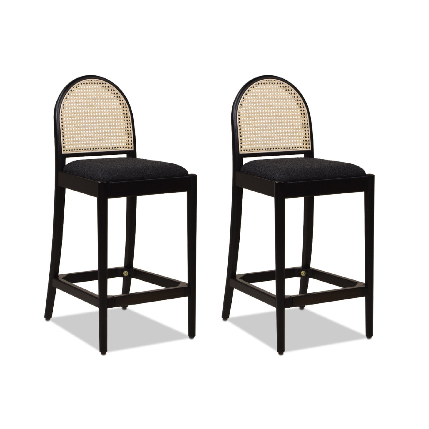 Panama 26.5" Curved Back Cane Rattan Counter Stool, Set of 2, Ebony Black Boucle