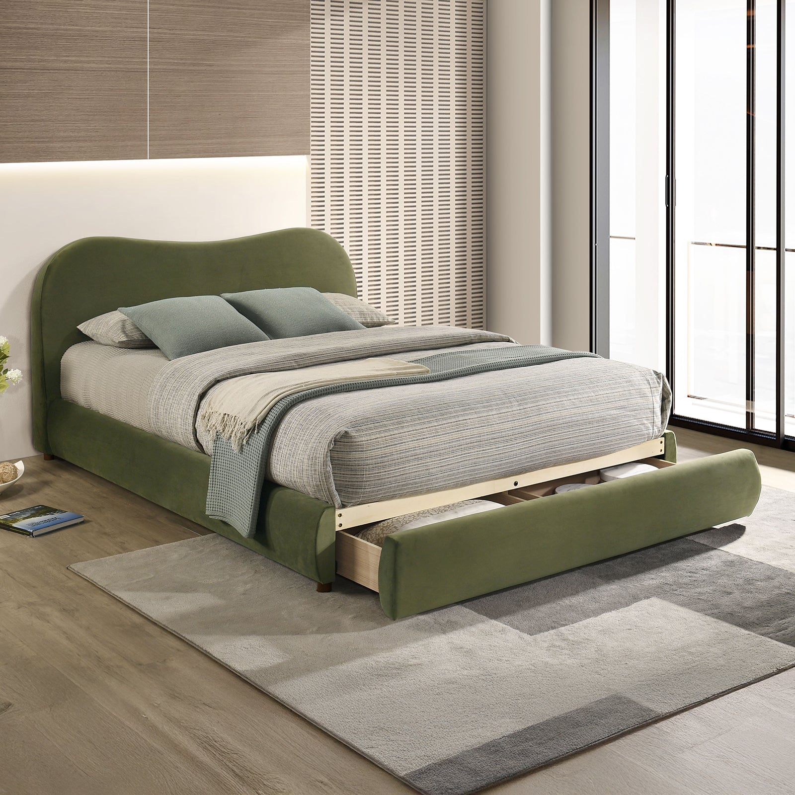 Olive Green Velvet Upholstered 1pc Queen Size Bed Curved Design Headboard Storage FB Bedroom Furniture Bedframe