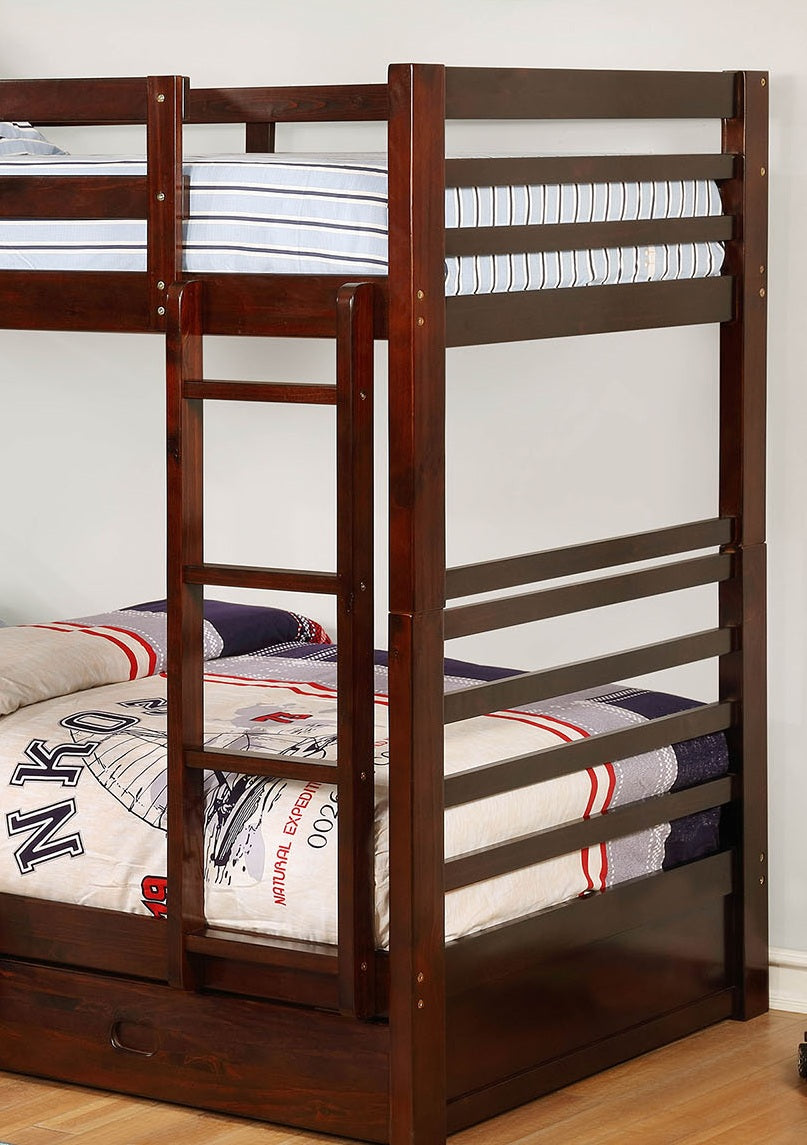 Twin Over Twin Transitional Style Bunk Bed With Two Large Drawers Under Bed Storage Attached Ladder Dark Walnut