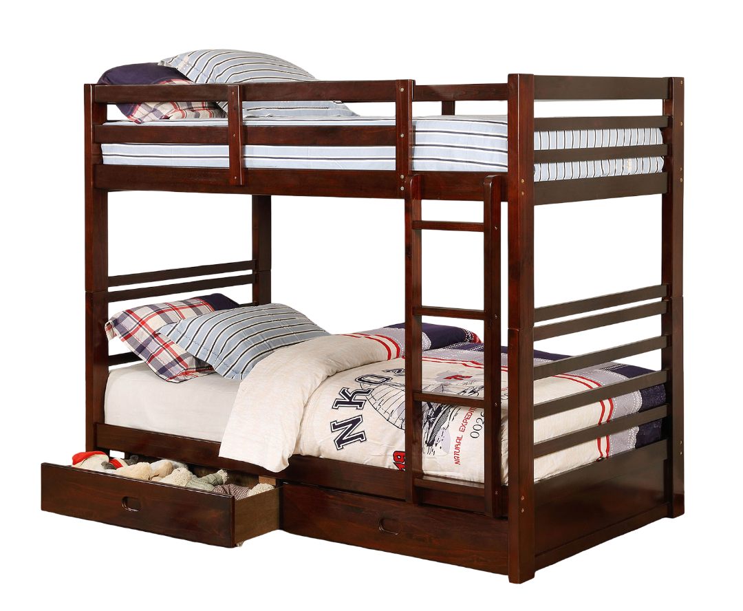 Twin Over Twin Transitional Style Bunk Bed With Two Large Drawers Under Bed Storage Attached Ladder Dark Walnut