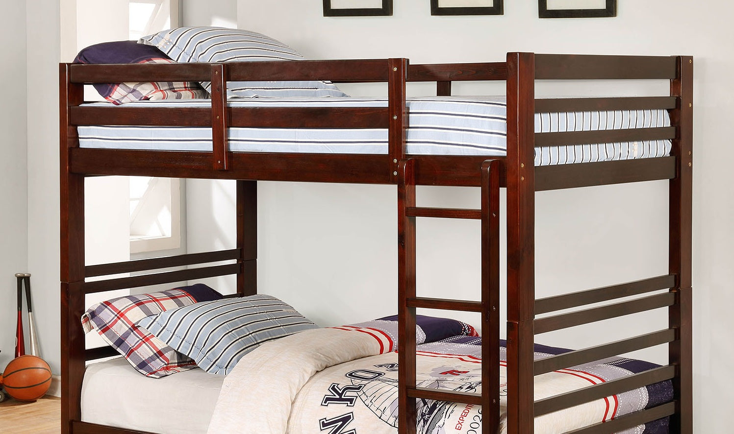Twin Over Twin Transitional Style Bunk Bed With Two Large Drawers Under Bed Storage Attached Ladder Dark Walnut
