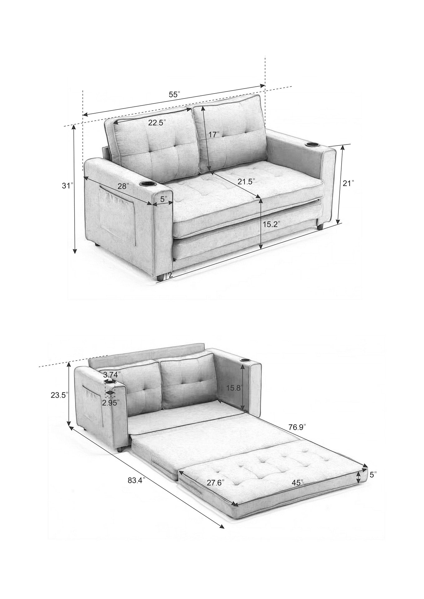 55"3 Fold Sofa,Convertible Futon Couch sleeper sofabed,Velvet linen fabric ,Perfect for Small Spaces, Living Room, or Office,Dark Gray