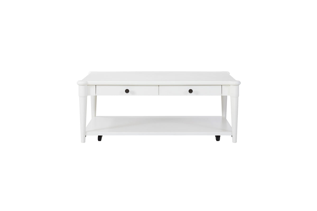 White Finished Cocktail Table With Two Storage Drawers and Casters