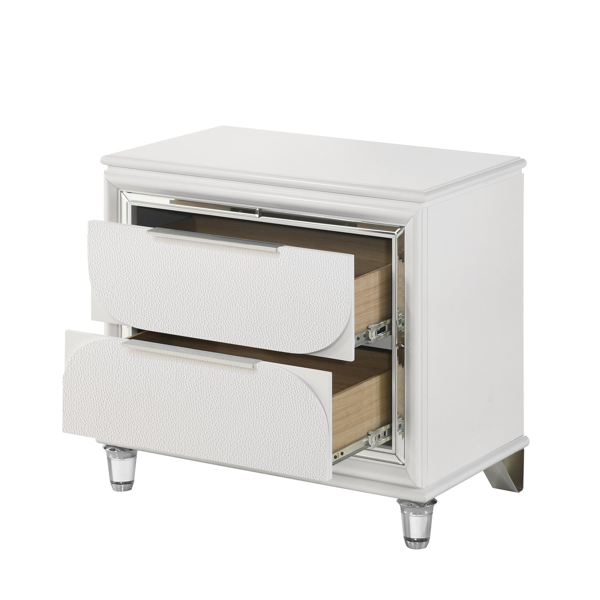 Glamorous Pearl White Finish Nightstand with Drawers Storage Durable Acrylic Legs Wooden Modern Bedroom Furniture 1pc