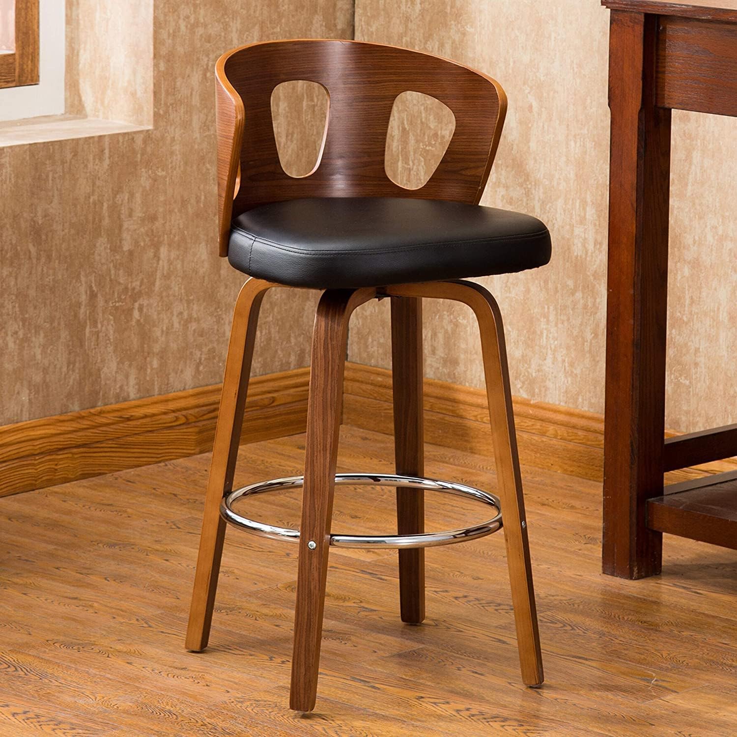 Wood and Black Faux Leather Mid-Century Modern Swivel Barstool with Decorative Back 26-Inch Seat Height
