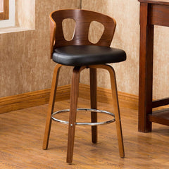 Wood and Black Faux Leather Mid-Century Modern Swivel Barstool with Decorative Back 26-Inch Seat Height