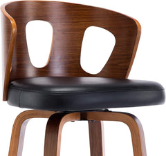 Wood and Black Faux Leather Mid-Century Modern Swivel Barstool with Decorative Back 26-Inch Seat Height