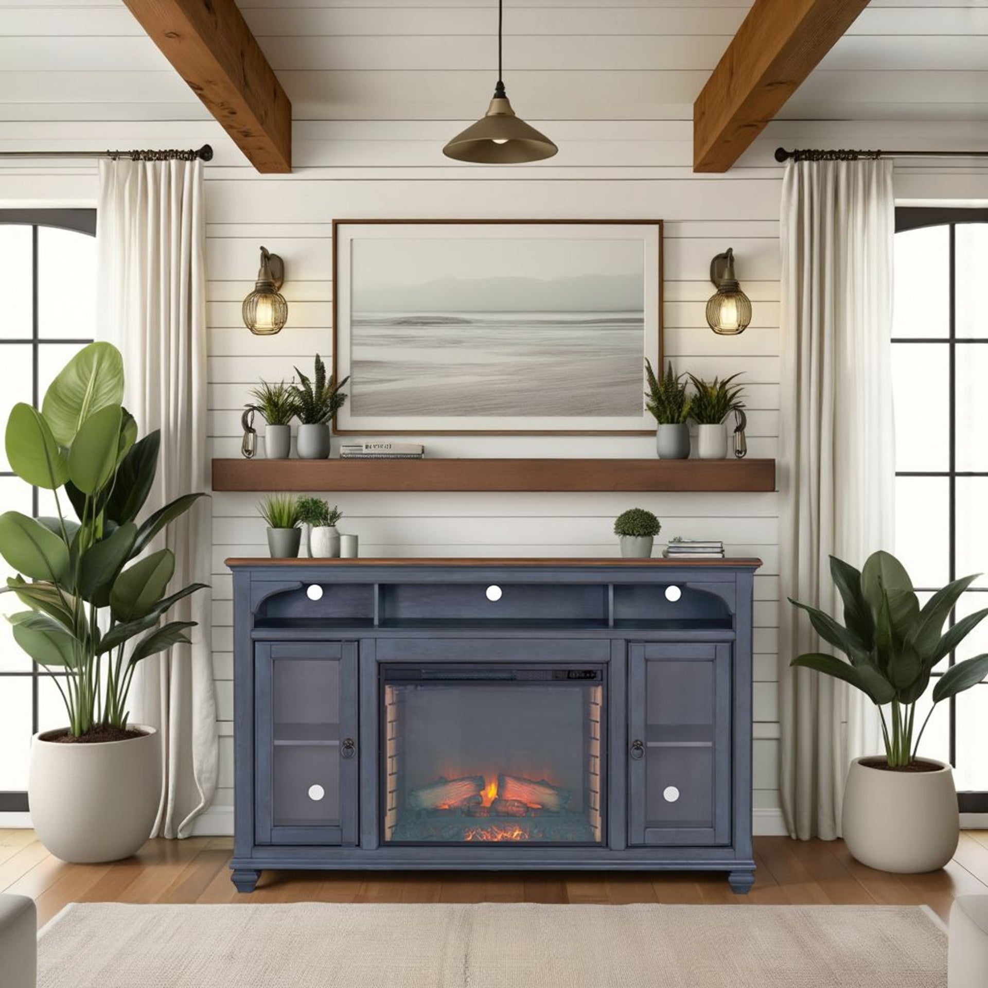 66 in Fireplace TV Stand for TVs up to 80 inches, Corduroy Blue Finish